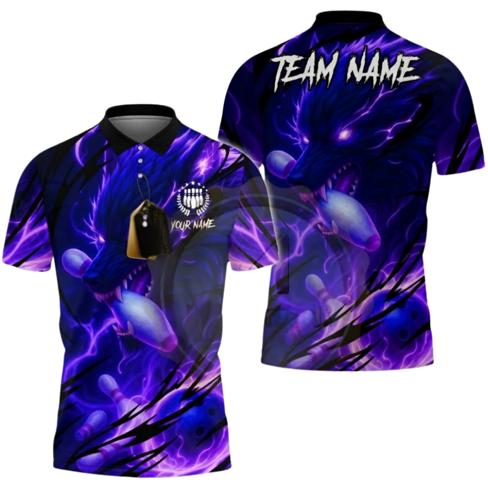 Wolf Blue Lightning Custom Mens Bowling Polo Shirt, Custom Wolf Bowling Team Shirt BZ0654