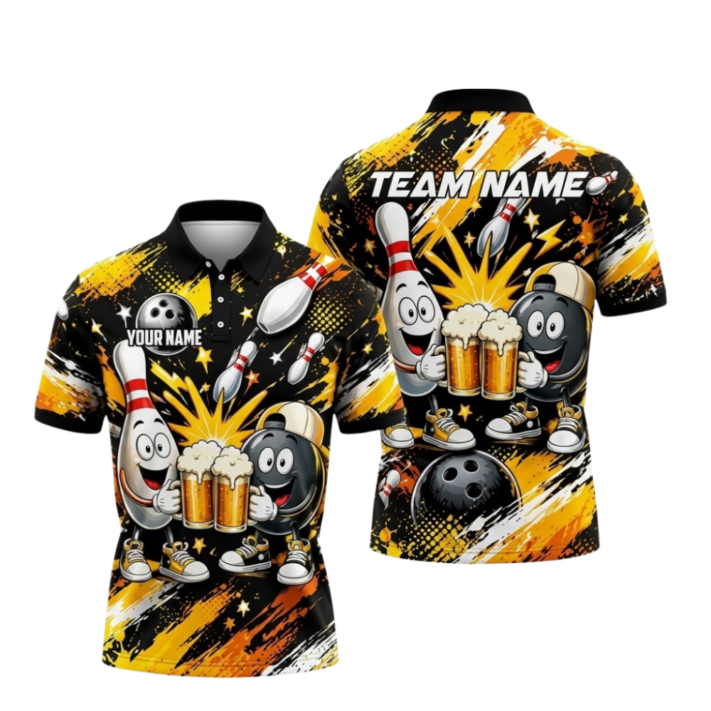 Custom Beer Funny Ball Bowling Mens Polo Shirt, Custom Beer Team Bowling Shirts BZ1068