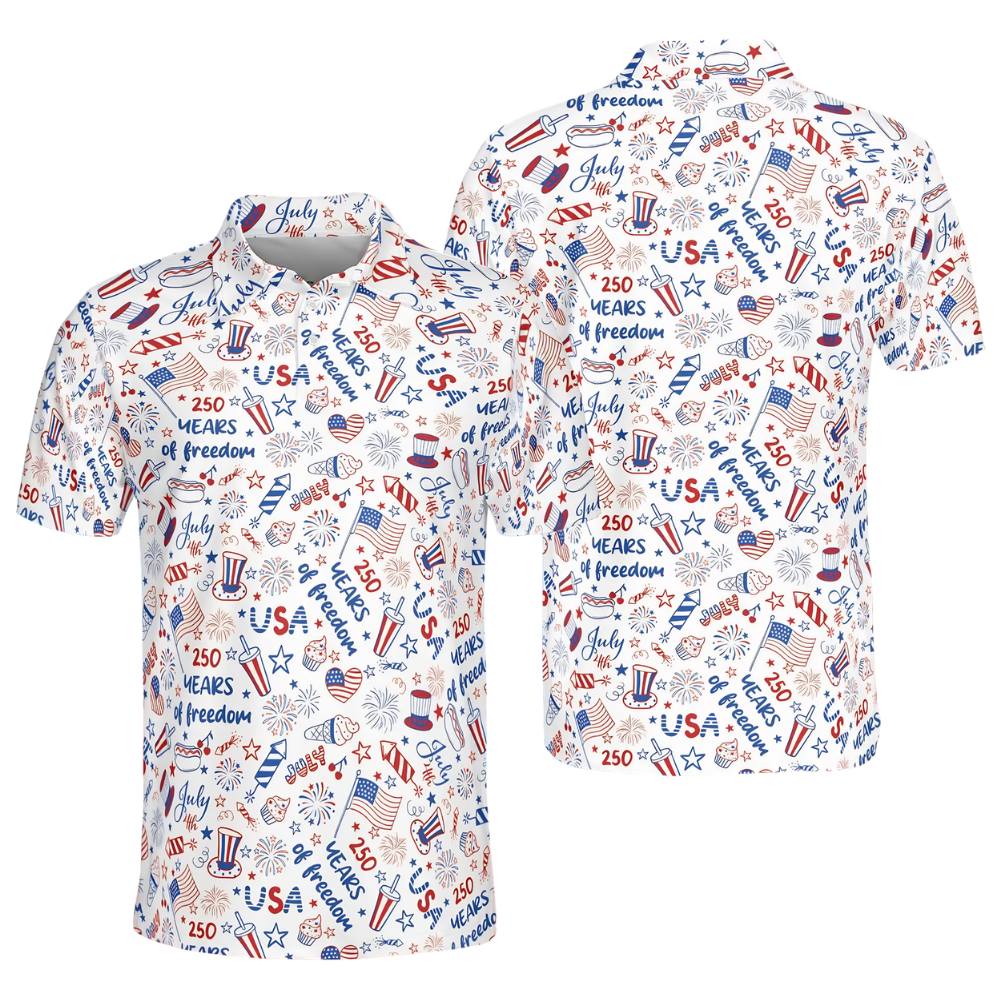 250 Years Of Freedom American Flag Golf Polo Shirt Men, 4th Of July Golf Shirts GE0478
