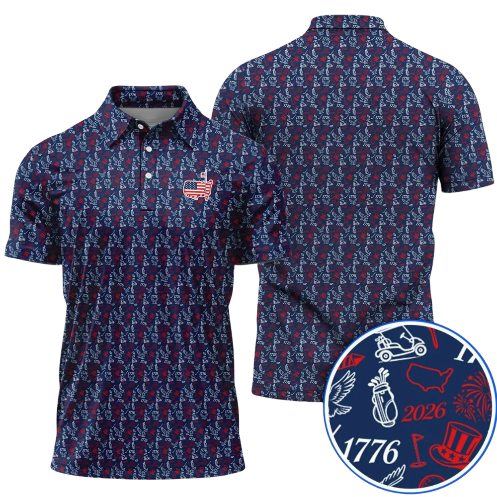 1776-2026 White Red Navy Pattern Golf Mens Polo Shirt, Independence Day Golf Shirts GE0550