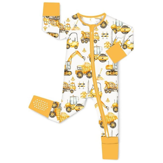Excavator Yellow Baby Boy Convertible Zippy Romper, Excavator Lover Convertible Romper For Baby BB0360