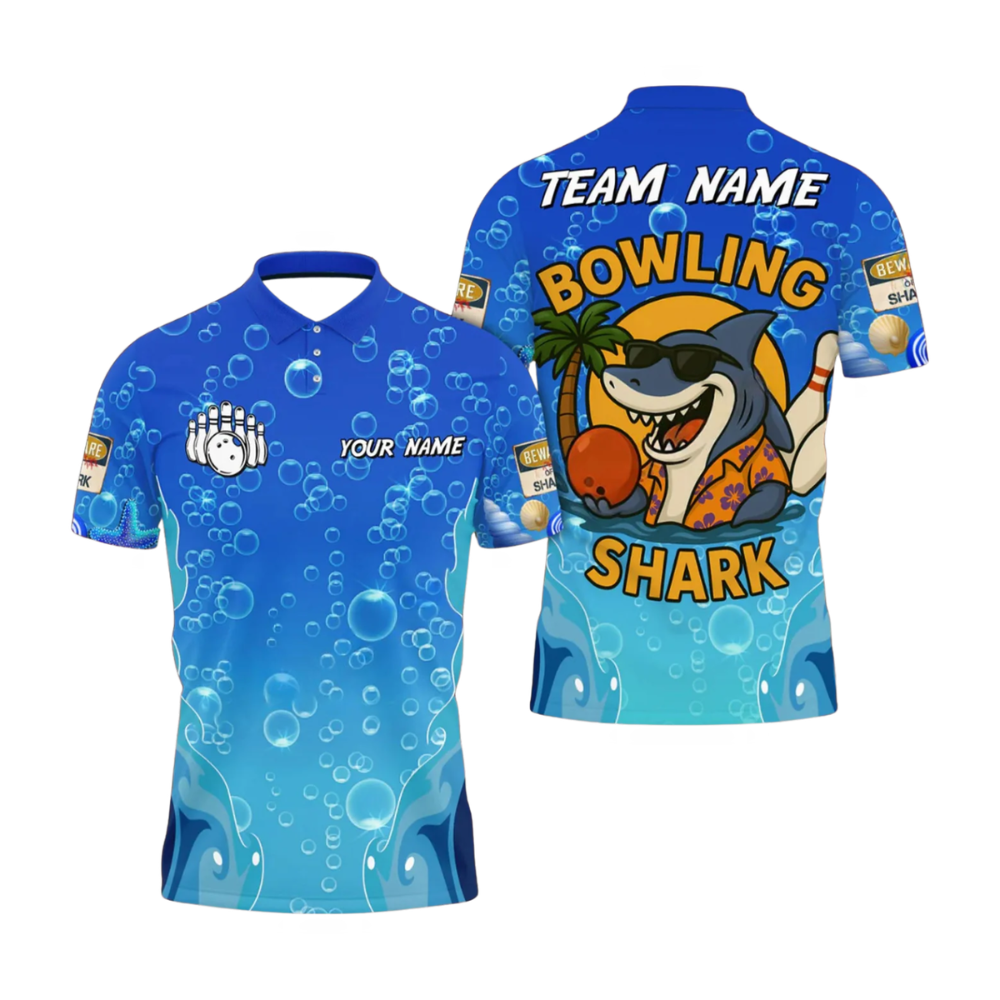 Custom Funny Shark Bowling Polo Shirts For Men, Custom Shark Bowling Team Shirts BZ1049