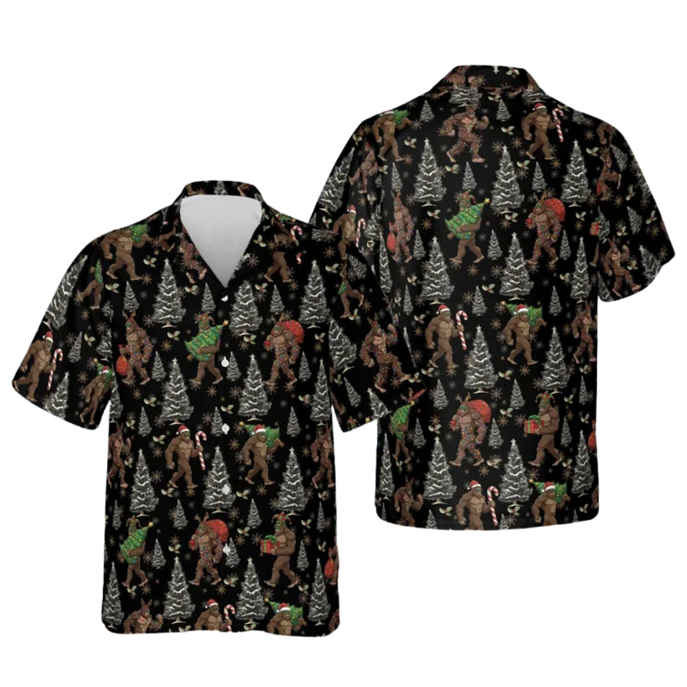 Bigfoot Christmas Tree Hawaiian Shirt For Men, Christmas Sasquatch Hawaiian Shirt ET0034