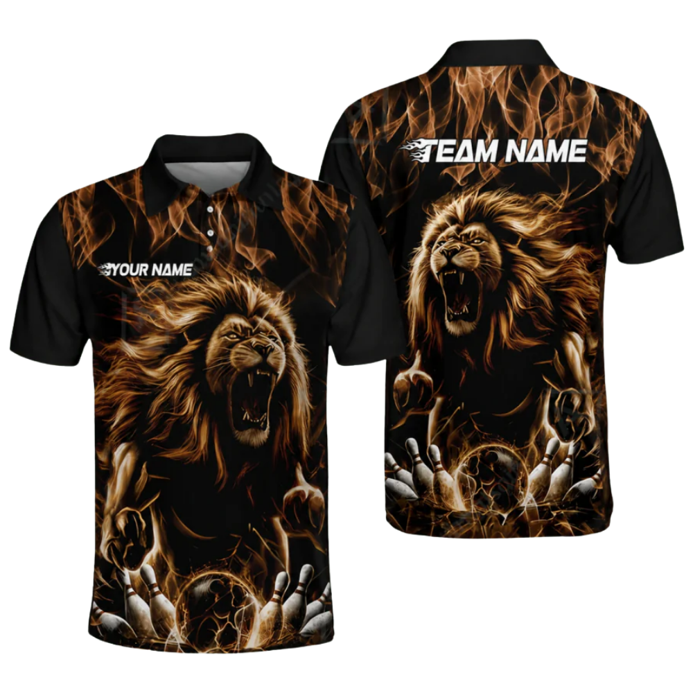 Custom Lion Flaming Black And Yellow Bowling Mens Polo Shirt, Custom Lion Team Bowling Shirts BZ0482