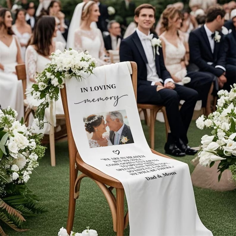 In Loving Memory Custom Photo Fabric Wedding Sign Chair, Custom Memorial Wedding Chair Sign WD0325