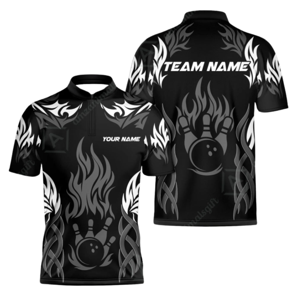 Custom Flame Tribal Bowling Men Jersey Black Red, Custom Team Flame Bowling Shirts BZ0394
