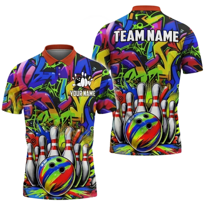 Custom Team Graffiti Multicolor Bowling Polo Shirt For Mens, Custom Bowling Team Shirts Colorfull BZ0587