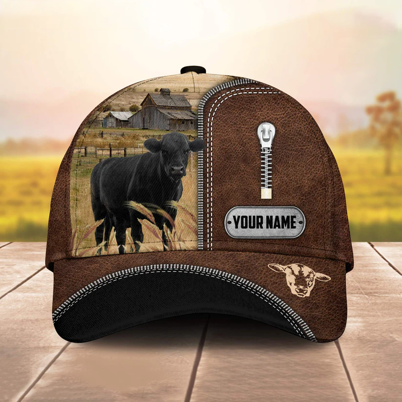 Black Angus Leather Zip Pattern Customized Name Cap CA0197