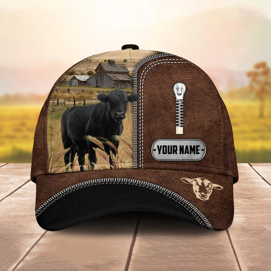 Black Angus Leather Zip Pattern Customized Name Cap CA0197