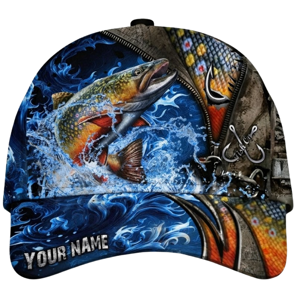 Custom Trout Fishing Blue Flame Baseball Cap 3D Printed, Personalized Trout Fish Hat For Fisherman CP0605
