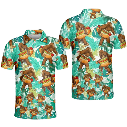 Tropical Bigfoot Hot Dog Golf Mens Polo Shirt, Sasquatch Golf Shirts GE0580