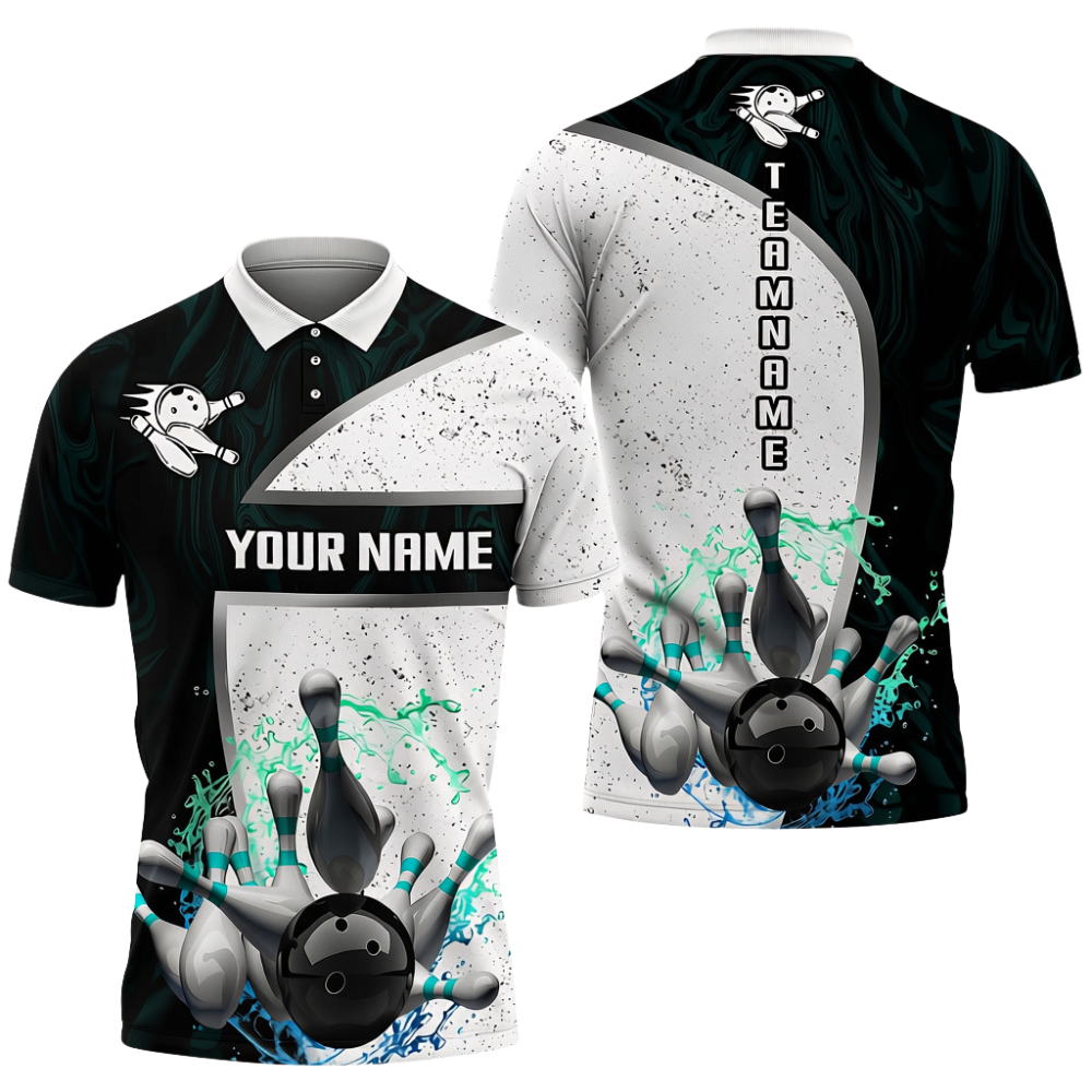 Custom Mens Navy And White Bowling Team Polo Shirt, Custom Bowling Shirt BZ0694