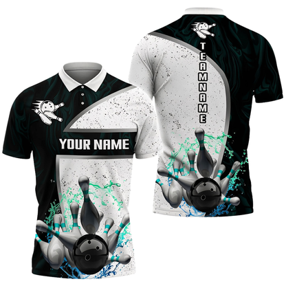 Custom Mens Navy And White Bowling Team Polo Shirt, Custom Bowling Shirt BZ0694