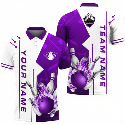 Custom Flame Ball Bowling Mens Polo Shirt Purple And White, Custom Flame Bowling Shirt Team BZ0695