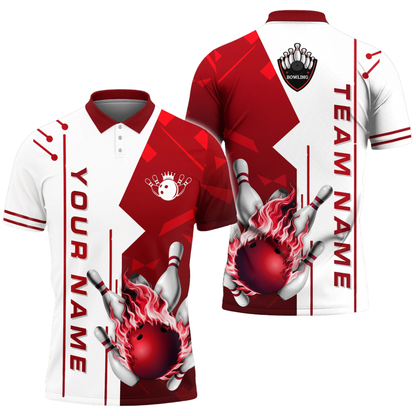 Custom Flame Ball Bowling Mens Polo Shirt Purple And White, Custom Flame Bowling Shirt Team BZ0695