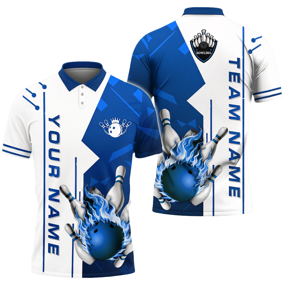 Custom Flame Ball Bowling Mens Polo Shirt Purple And White, Custom Flame Bowling Shirt Team BZ0695