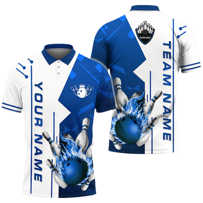 Custom Flame Ball Bowling Mens Polo Shirt Purple And White, Custom Flame Bowling Shirt Team BZ0695