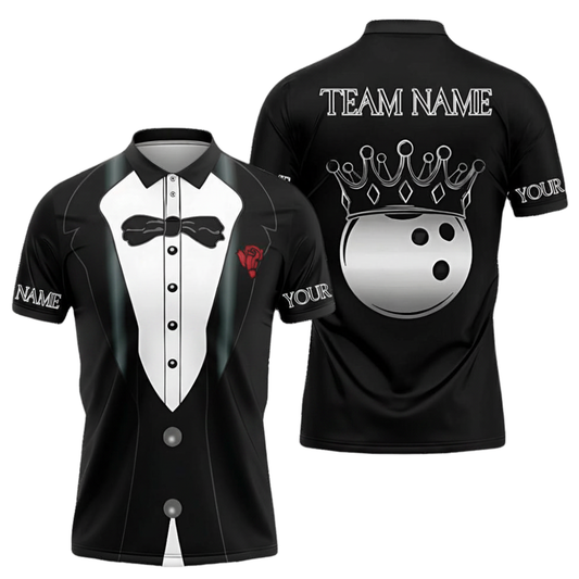 Men's Custom Tuxedo Bowling Polo Shirt Black And White, Custom Team Tuxedo Bowling Shirts BZ0696