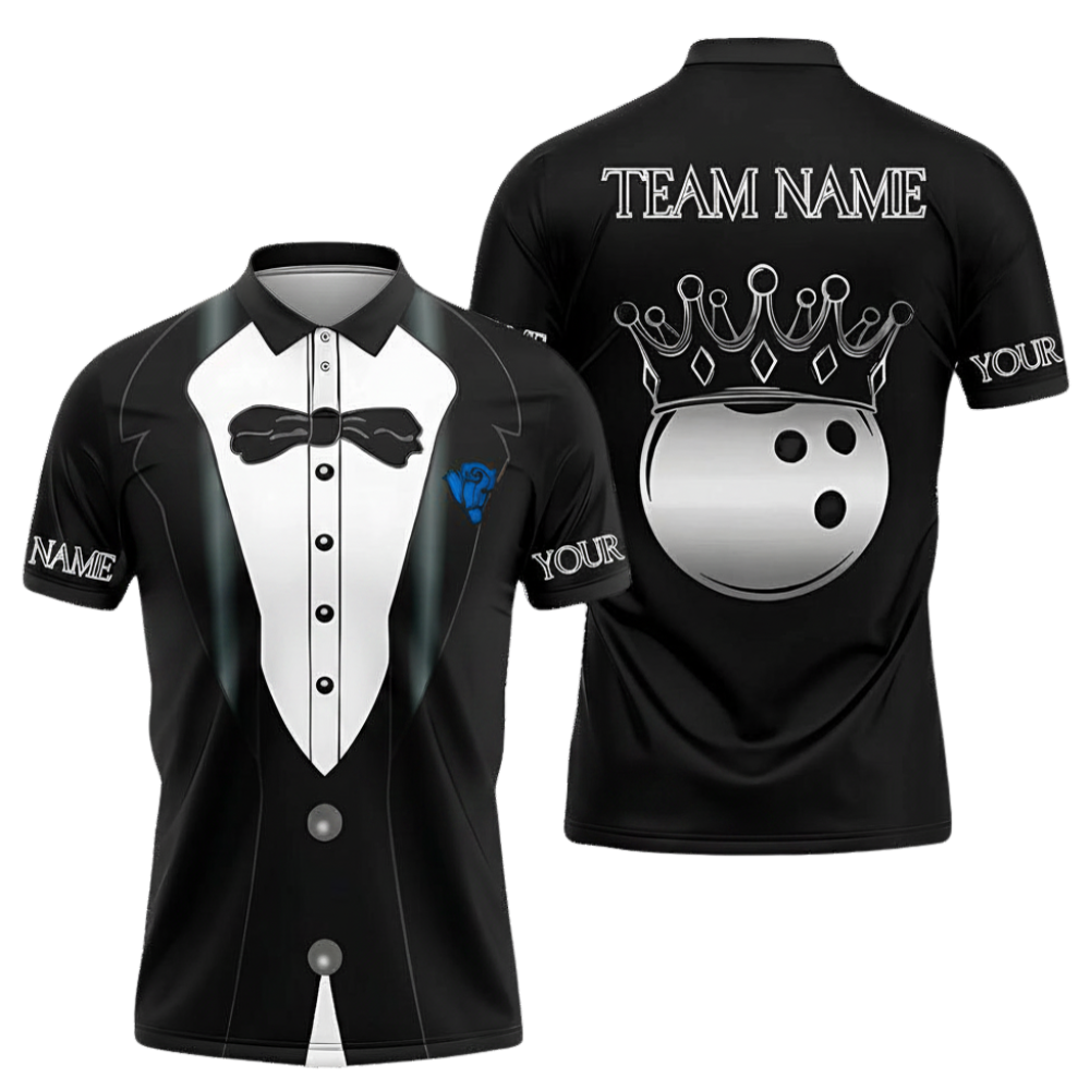 Men's Custom Tuxedo Bowling Polo Shirt Black And White, Custom Team Tuxedo Bowling Shirts BZ0696