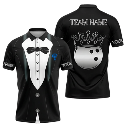 Men's Custom Tuxedo Bowling Polo Shirt Black And White, Custom Team Tuxedo Bowling Shirts BZ0696