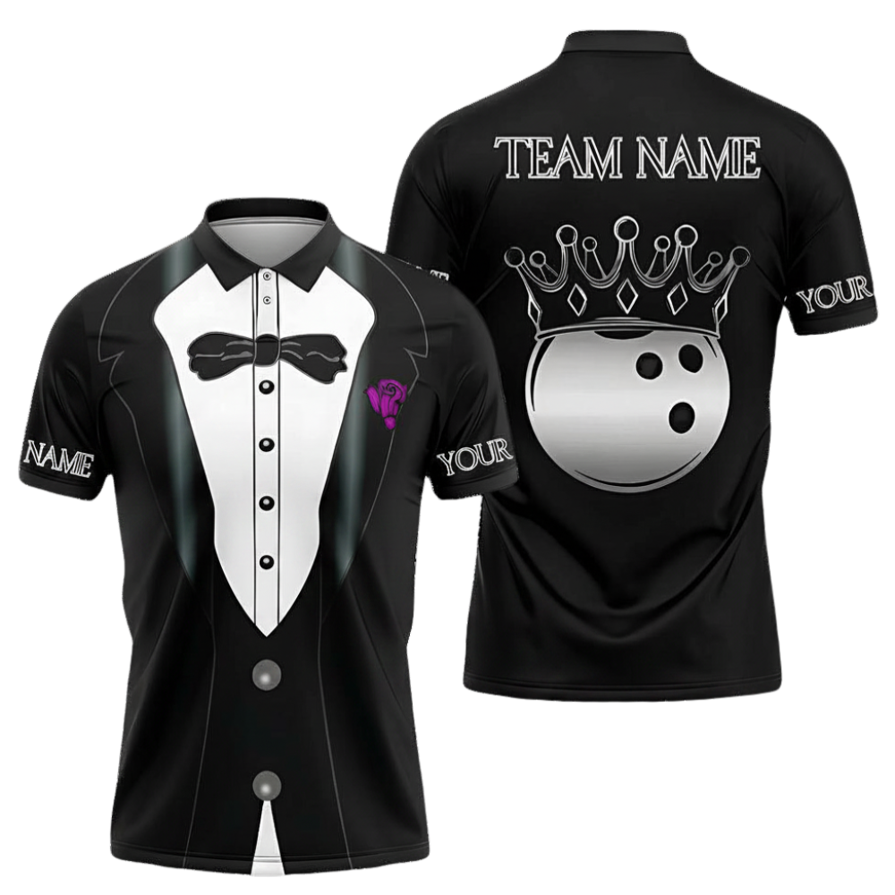 Men's Custom Tuxedo Bowling Polo Shirt Black And White, Custom Team Tuxedo Bowling Shirts BZ0696