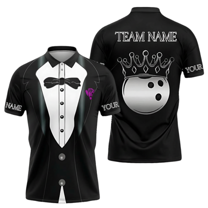 Men's Custom Tuxedo Bowling Polo Shirt Black And White, Custom Team Tuxedo Bowling Shirts BZ0696
