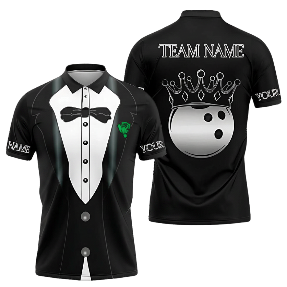 Men's Custom Tuxedo Bowling Polo Shirt Black And White, Custom Team Tuxedo Bowling Shirts BZ0696