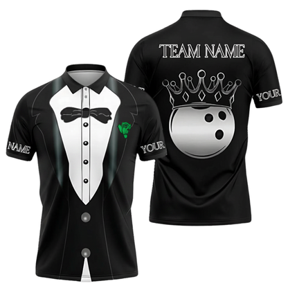 Men's Custom Tuxedo Bowling Polo Shirt Black And White, Custom Team Tuxedo Bowling Shirts BZ0696