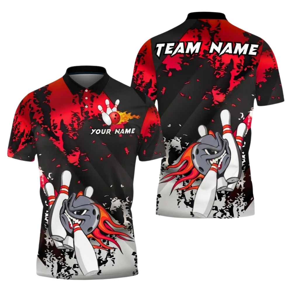 Angry Ball Custom Mens Red And Black Bowling Team Polo Shirt, Custom Bowling Shirt BZ0687
