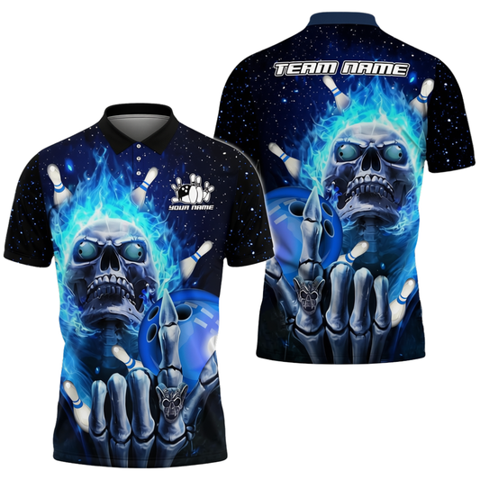 Custom Skeleton Blue Flame Bowling Polo Shirt For Men, Custom Skull Bowling Team Shirts BZ0697