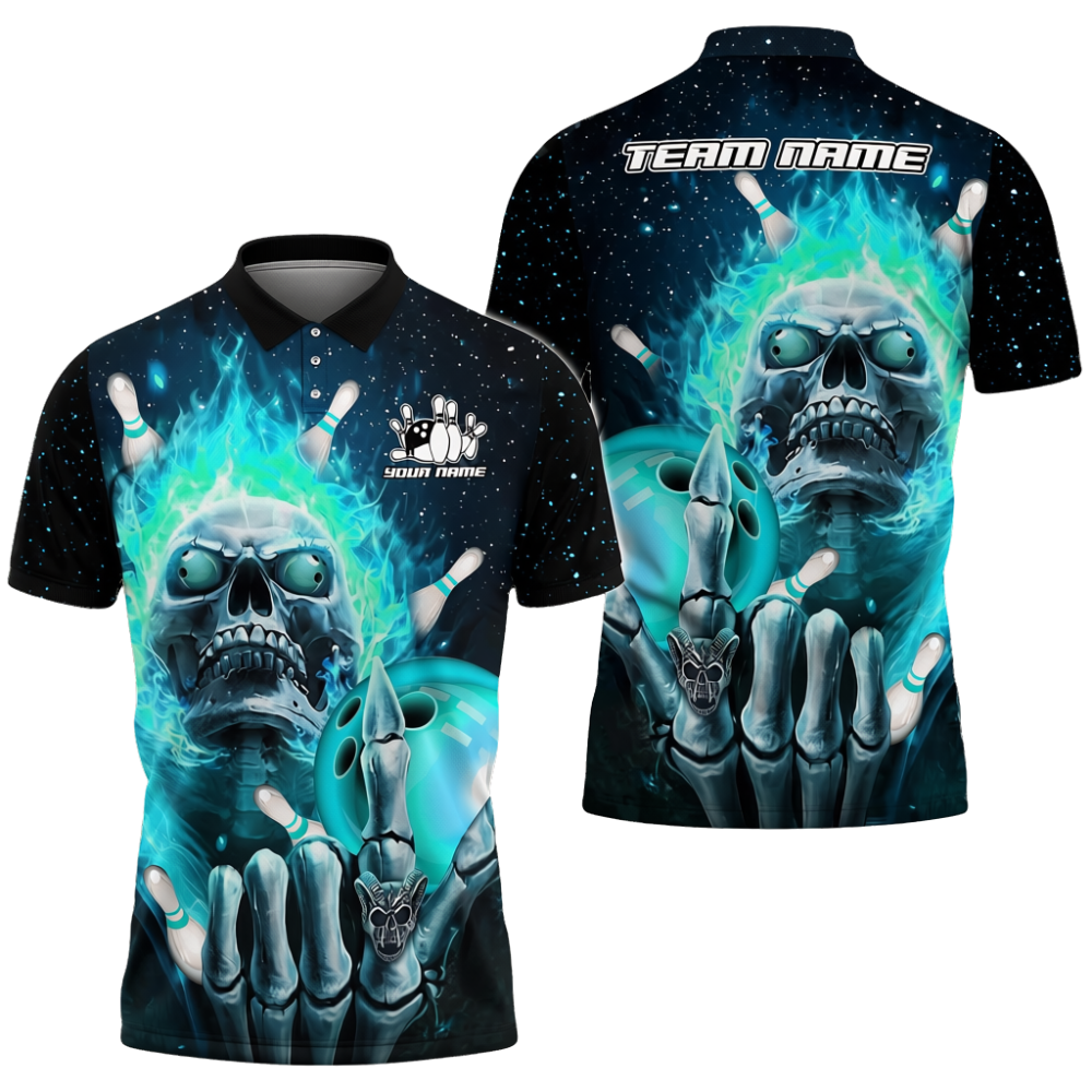 Custom Skeleton Blue Flame Bowling Polo Shirt For Men, Custom Skull Bowling Team Shirts BZ0697