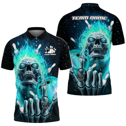 Custom Skeleton Blue Flame Bowling Polo Shirt For Men, Custom Skull Bowling Team Shirts BZ0697