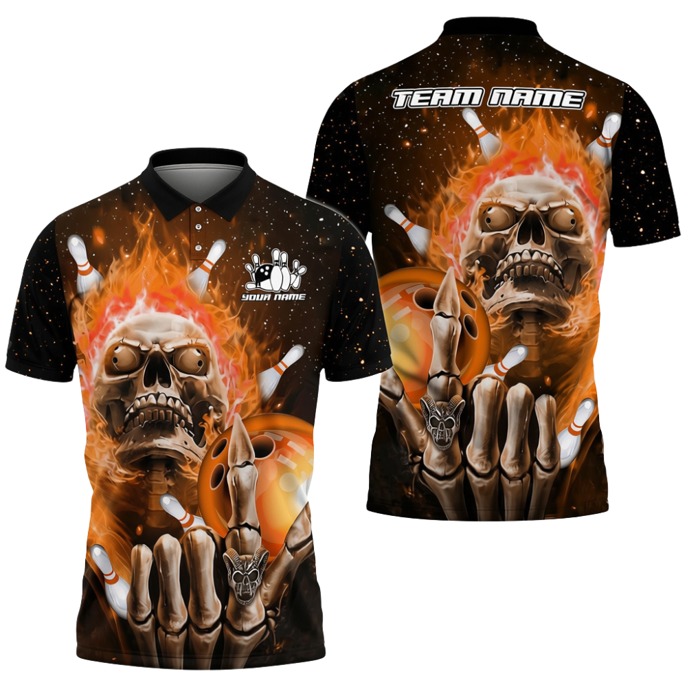 Custom Skeleton Blue Flame Bowling Polo Shirt For Men, Custom Skull Bowling Team Shirts BZ0697