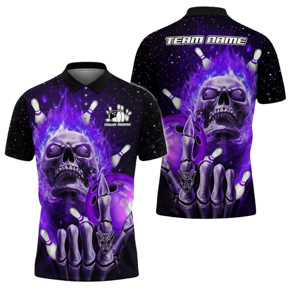 Custom Skeleton Blue Flame Bowling Polo Shirt For Men, Custom Skull Bowling Team Shirts BZ0697