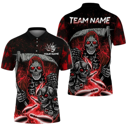 Custom Reaper Skeleton Black Red Bowling Polo Shirt For Men, Custom Team Skull Bowling Shirt BZ0698