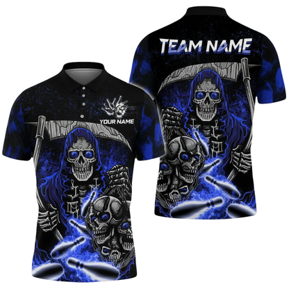 Custom Reaper Skeleton Black Red Bowling Polo Shirt For Men, Custom Team Skull Bowling Shirt BZ0698