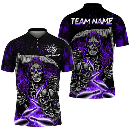 Custom Reaper Skeleton Black Red Bowling Polo Shirt For Men, Custom Team Skull Bowling Shirt BZ0698