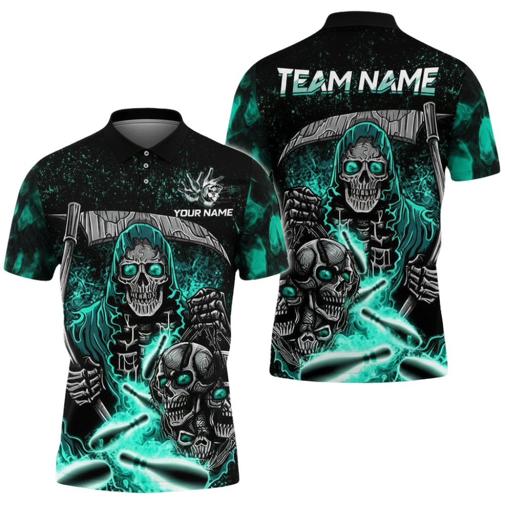 Custom Reaper Skeleton Black Red Bowling Polo Shirt For Men, Custom Team Skull Bowling Shirt BZ0698