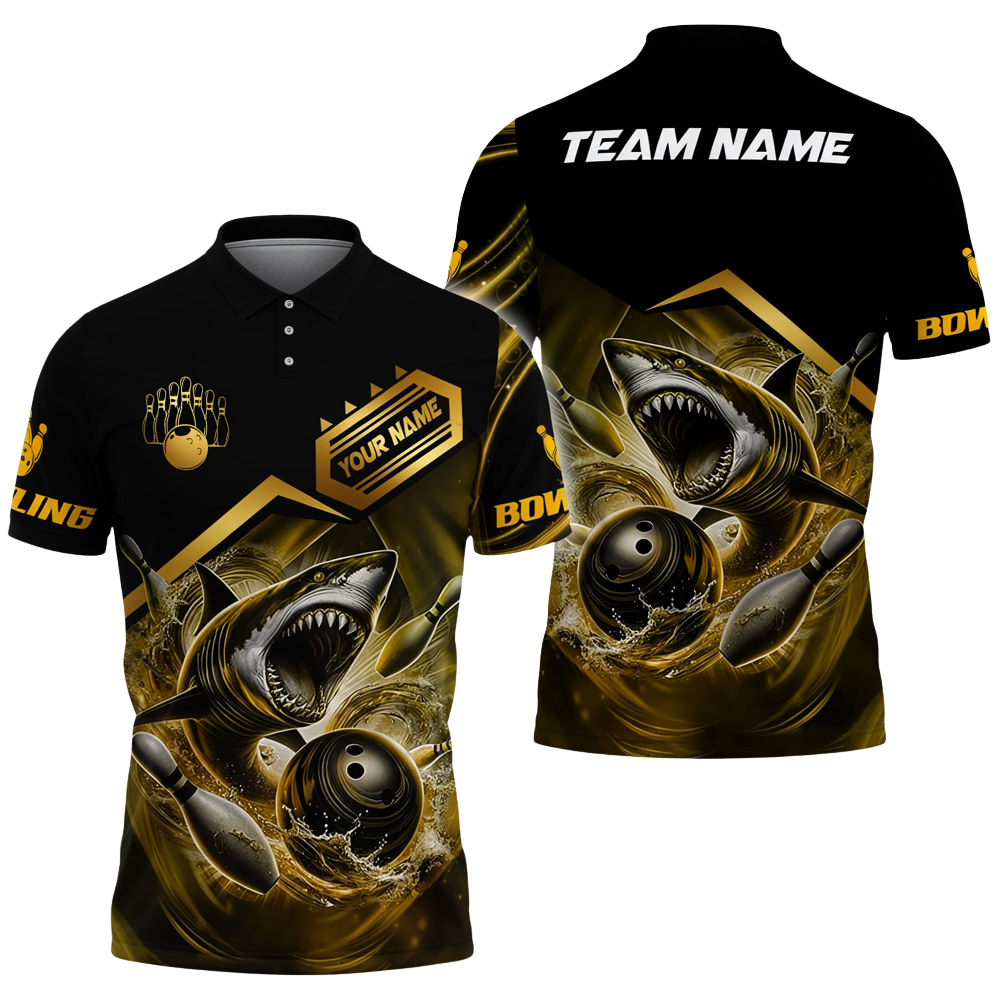 Custom Mens Shark Bowling Polo Shirt Black And Gold, Custom Team Shark Bowling Shirts BZ0700