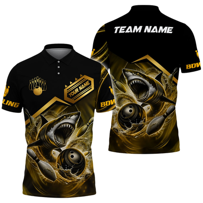 Custom Mens Shark Bowling Polo Shirt Black And Gold, Custom Team Shark Bowling Shirts BZ0700