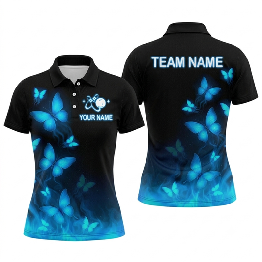 Custom Womens Butterfly Bowling Polo Shirt Blue Black, Custom Butterflies Bowling Shirt For Women BZ0705