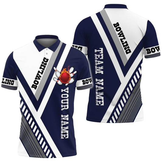 Custom Team White And Navy Bowling Polo Shirt, Custom Bowling Shirts BZ0707
