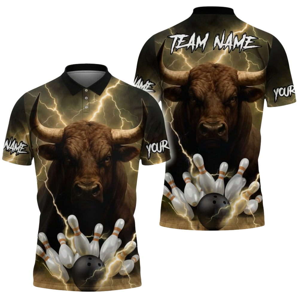 Bull Thunder Custom Mens Bowling Polo Shirt, Custom Bull Bowling Shirts For Team BZ0712
