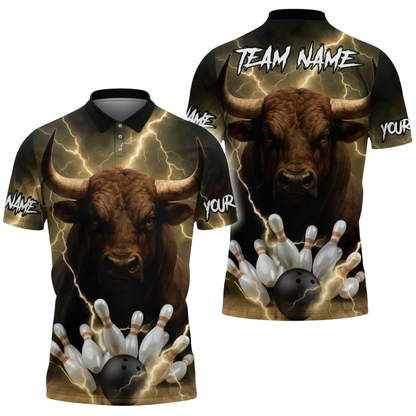 Bull Thunder Custom Mens Bowling Polo Shirt, Custom Bull Bowling Shirts For Team BZ0712