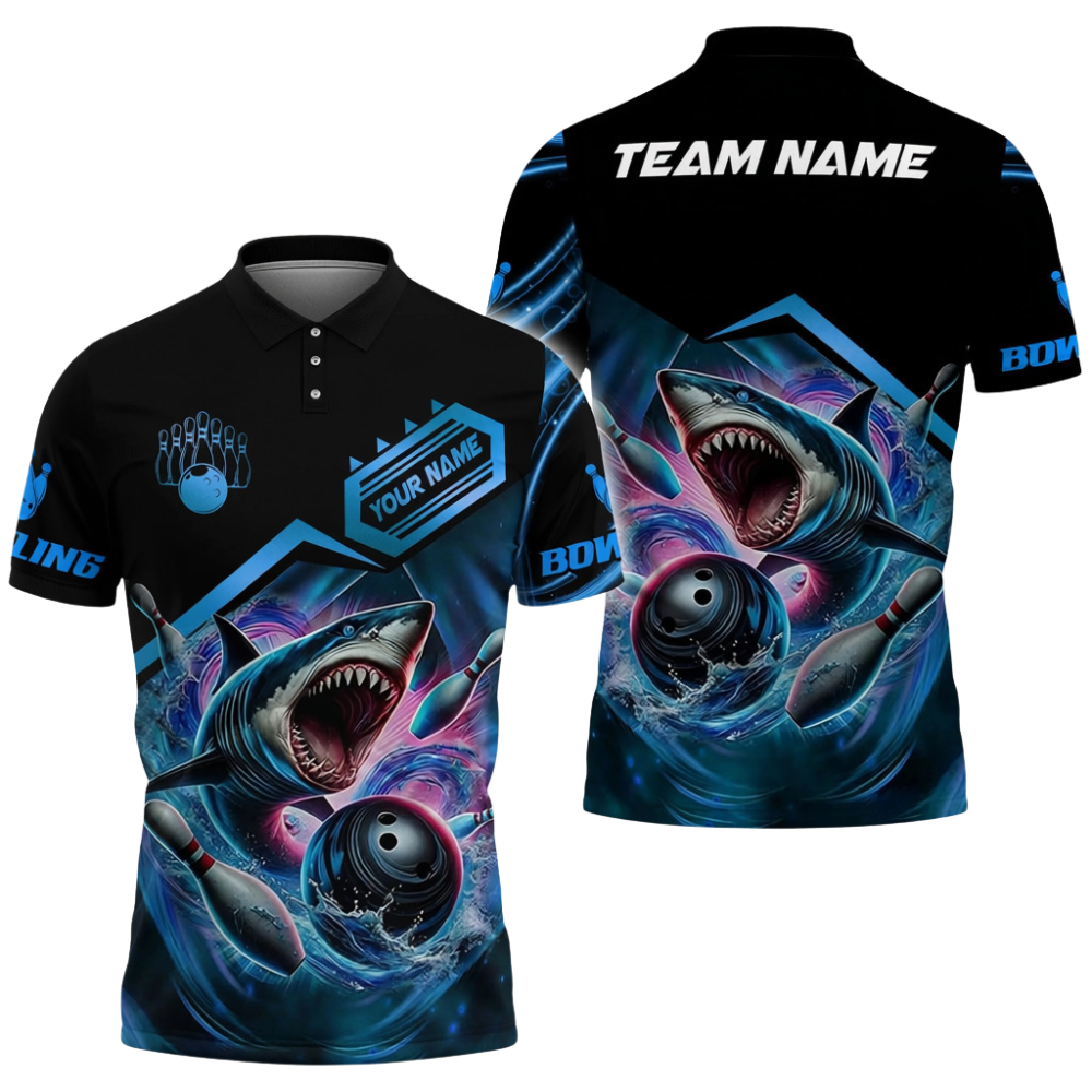 Custom Mens Shark Bowling Polo Shirt Black And Gold, Custom Team Shark Bowling Shirts BZ0700