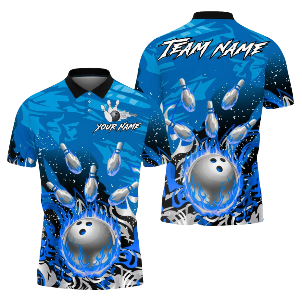 Custom Blue Flame Silver Ball Bowling Mens Polo Shirt, Custom Flame Bowling Shirts Team BZ0709