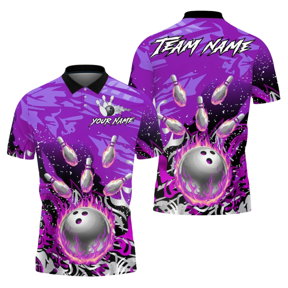 Custom Blue Flame Silver Ball Bowling Mens Polo Shirt, Custom Flame Bowling Shirts Team BZ0709