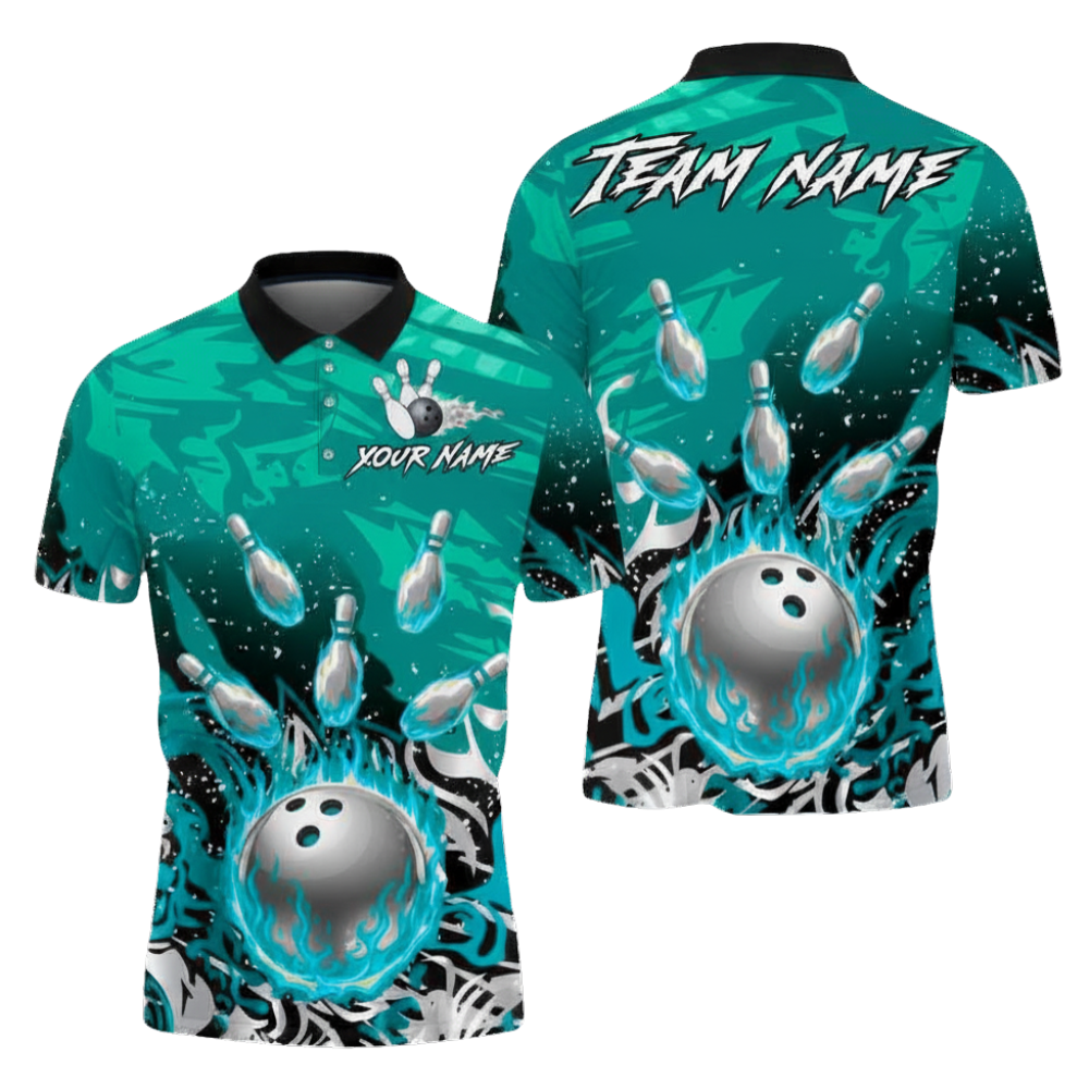 Custom Blue Flame Silver Ball Bowling Mens Polo Shirt, Custom Flame Bowling Shirts Team BZ0709