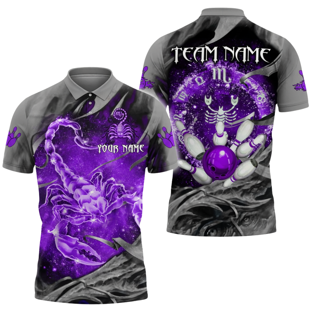 Custom Scorpio Purple Grey Bowling Polo Shirt Mens, Custom Team Scorpio Bowling Shirts BZ0710