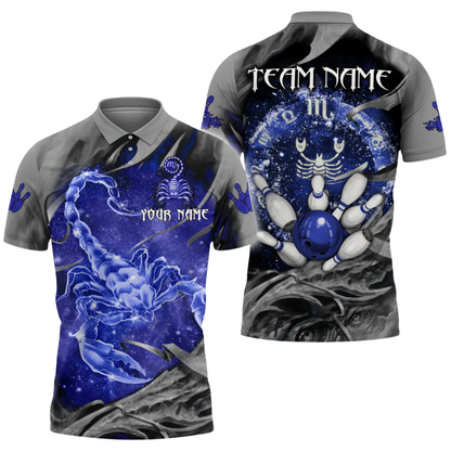 Custom Scorpio Purple Grey Bowling Polo Shirt Mens, Custom Team Scorpio Bowling Shirts BZ0710